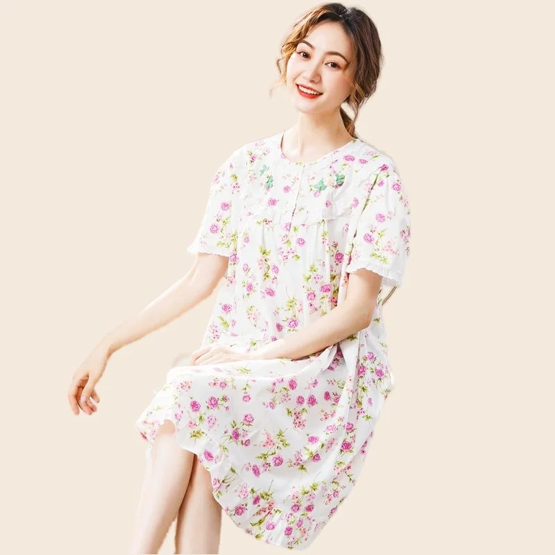 Summer Casual Women's Plaid Nightdress For Women Elastic Cotton Flower Nightgown O-Neck Short Sleeve Nightwear Fashion Clothes
