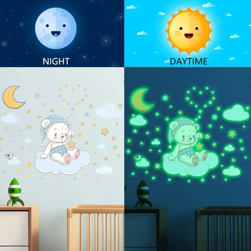 Светящаяся наклейка на стену с изображением медведя луны облака детской комнаты