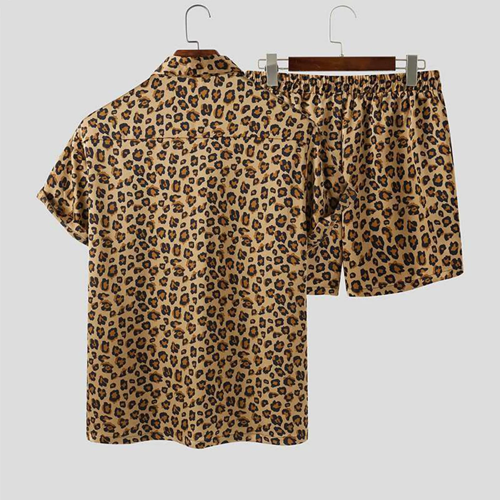 

2 Piece/Set Men Leopard Printing Short Sleeve Shirts + Shorts Casual Shirt Short Pants Summer Beach Shirt Shorts Men Sets