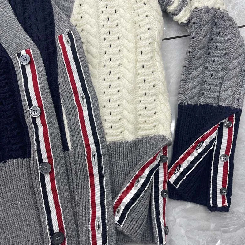 Women Knitted Sweater Fashion Patchwork Design Sleeve 4-Bar Striped Cardigans Winter Business England Style TB Men Cardigan enlarge