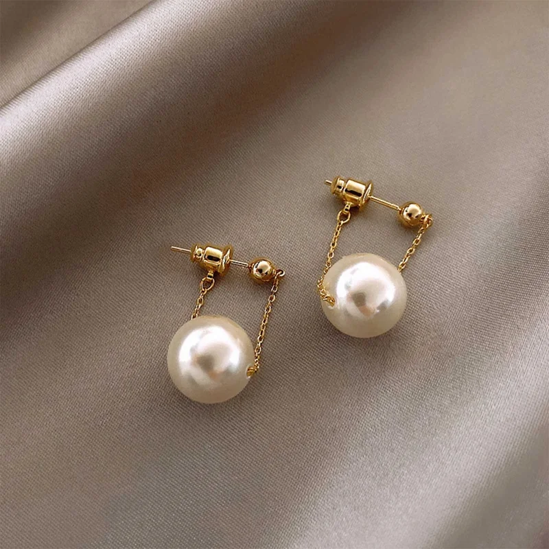

Big Pearl Simulated Chain Drop Dangle Earrings For Women Gold Color Jewelry Wedding Party Anniversary Gift