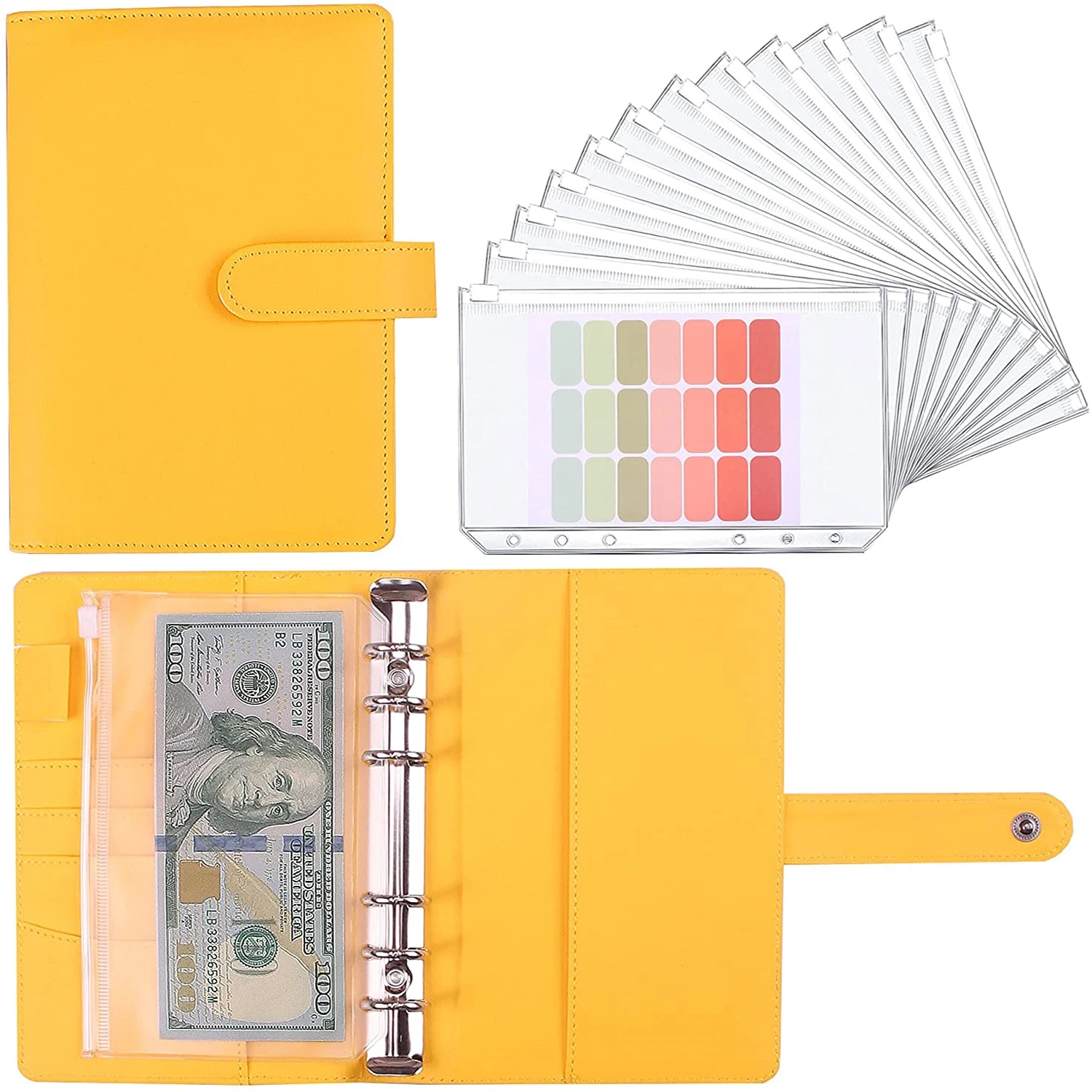 

A6 PU Leather Notebook Binder Planner Organizer Budget Cash Envelope System with Binder Zipper Pocket,Colorful Category Labels
