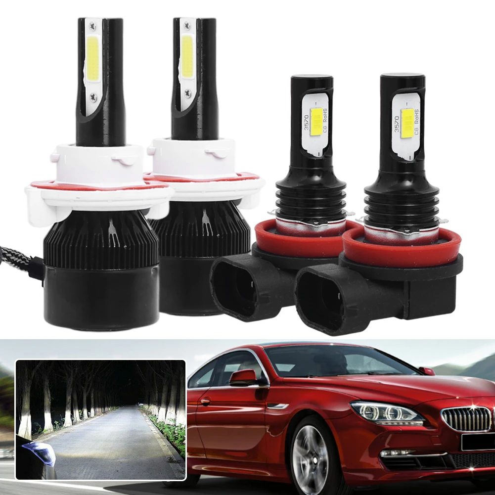 

4pcs H13 Car Headlight Super Bright Durable H8 H9 H11Fog Light Combo Kit 12V-24V 4800LM 1000LM 6000K White High and Low Beam