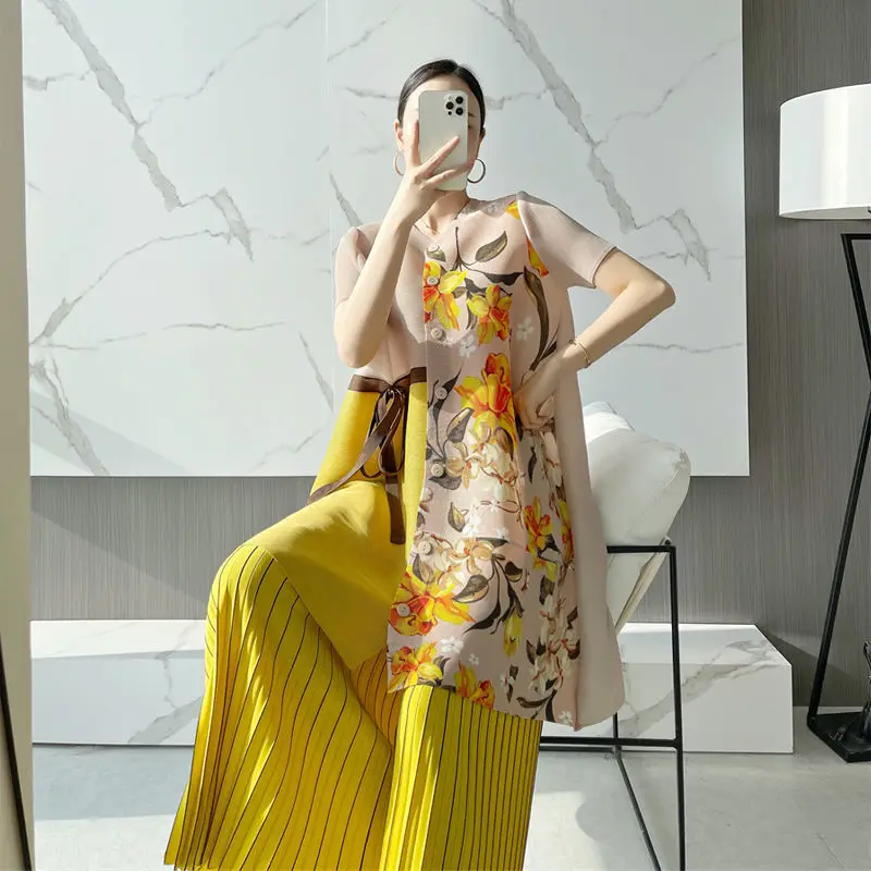 

Женское плиссированное платье, Новинка лета 2022, однобортная юбка средней длины с этническим принтом и круглым вырезом, женские топы