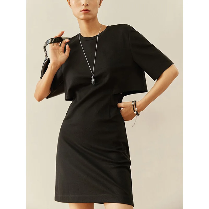 

2023 Spring and Summer New Women Round Neck Pullover Open Waist Short-sleeved Three-color T-shirt Dress