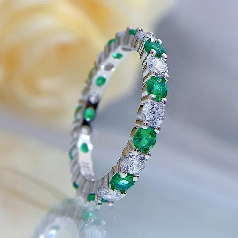 New S925 Silver Ring White Green Full Diamond Row Diamond Ring Fashion Ring Female 5A Zircon