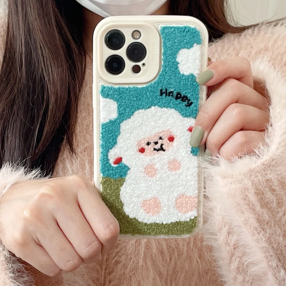 

Fun Cute Cartoon Embroidery Sheep Case for IPhone 11 12 13 Pro Max X XR XS Max 7 8 Plus Lovely Fabric Protection Cover