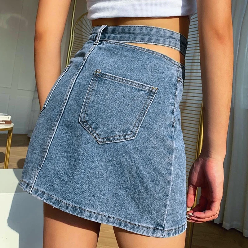 Модная Джинсовая юбка с эффектом потертости Женская облегающая запахом на талии