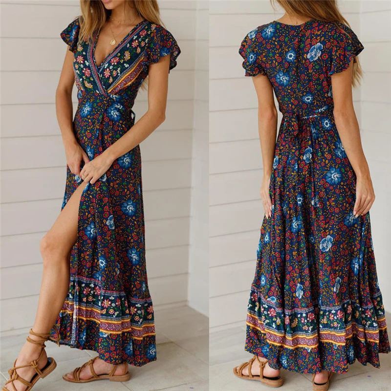 

Boho Floral Long Maxi Dresses Flower Print V Neck Dress Womens Dresses Summer Women Casual Sundress Evening Party Clothes 2022