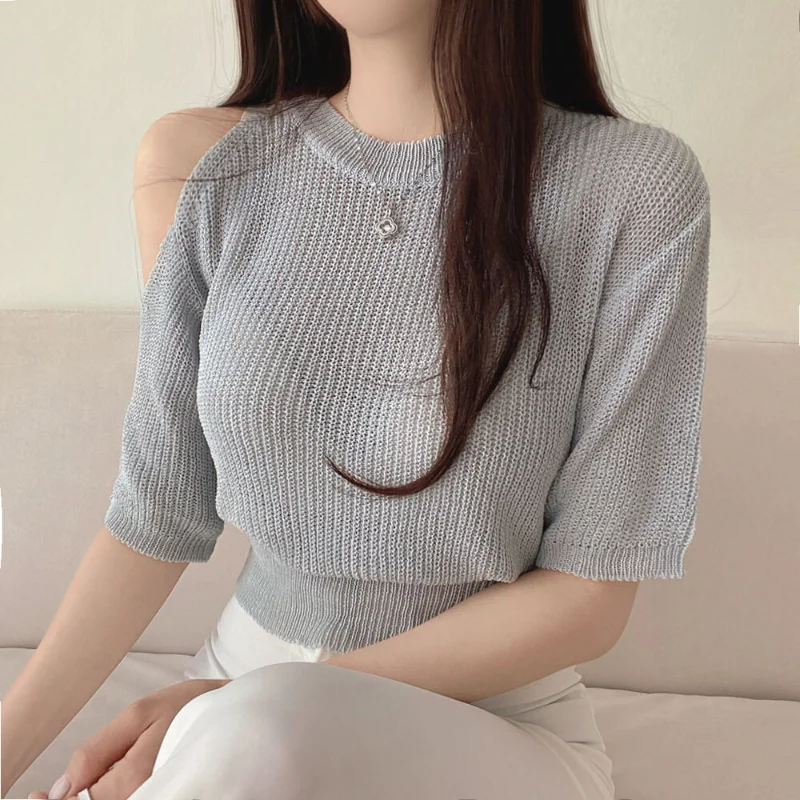 

2023 Summer Korean Short-sleeve Knitted T-shirt Solid Ice Silk Top Women Thin Tops White Casual T-shirt Elegant Top Blusas 27290