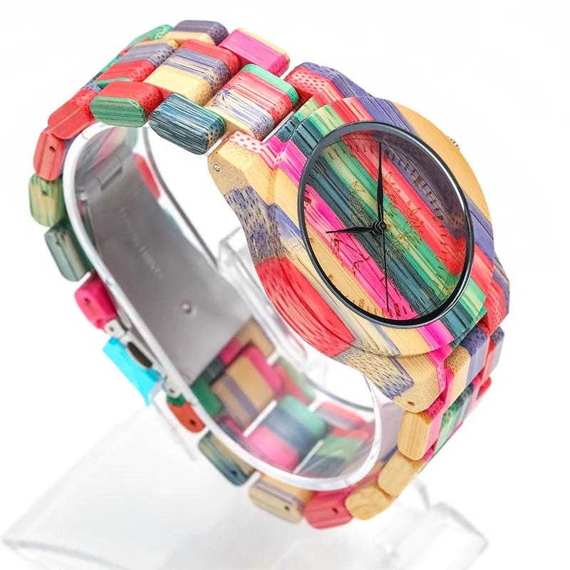

Colorful Bamboo Quartz Ladies Wooden Watch Bamboo Pattern Dial Design Colorful Wooden Strap Women's Wristwwatch Clock Gift D8196
