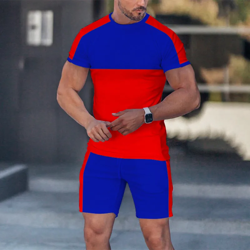 

2022 Summer New Men's Sports Hip-hop Streetwear Men's 2-piece Color Matching Short Sleeves + Shorts Plus Size Casual Sportswear