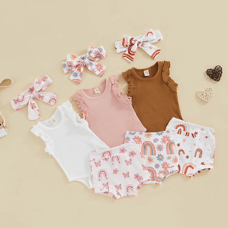 

Kids Baby Girl Summer Rompers Set Casual Ribbed Sleeveless Jumpsuit And Butterfly Print Shorts Headband Newborn Clothing