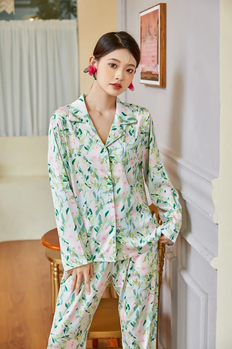 2022 new pajamas women's pastoral style floral ice silk homewear suit  pigiami donna pajamas for women