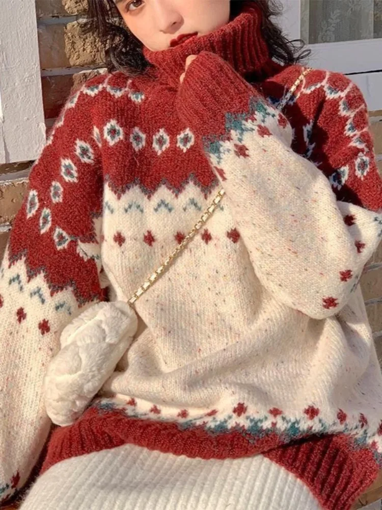 HOUZHOU Harajuku водолазка рождественские свитера женские винтажные трикотажные