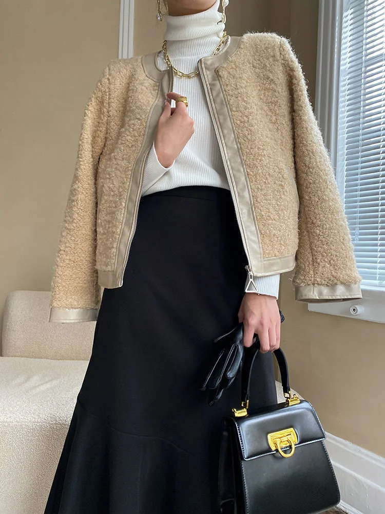 

Женская шерстяная куртка из ПУ кожи, с круглым вырезом и длинным рукавом