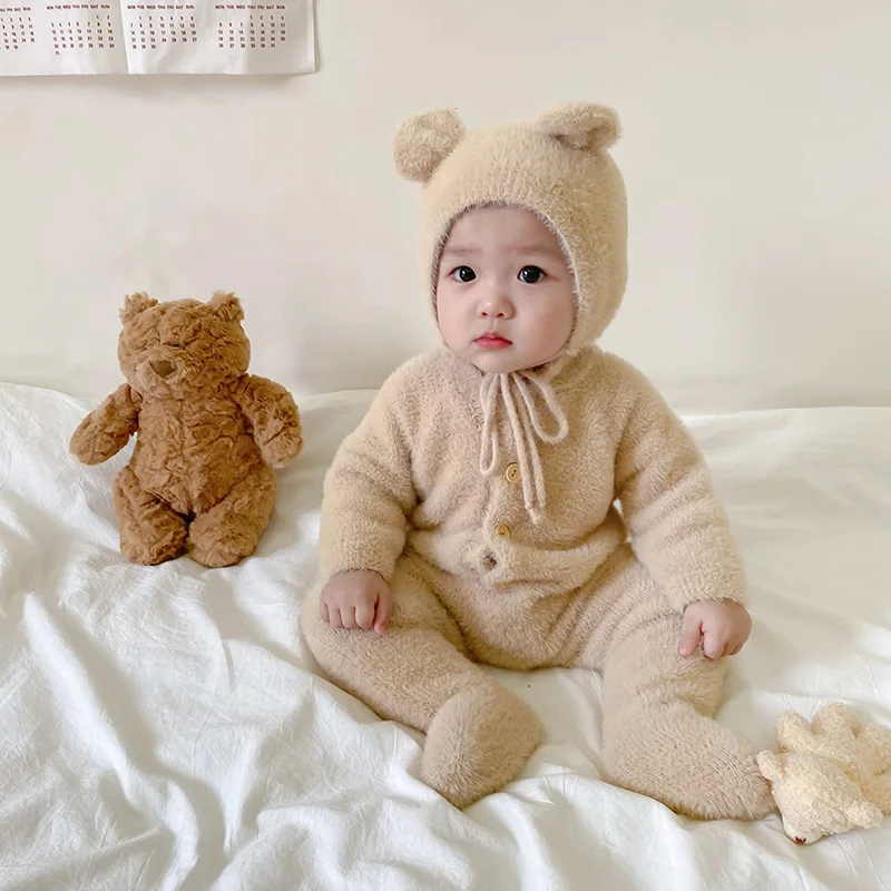 

Autumn Winter Newborn Baby Hooded Solid Color Mink Hair Romper Clothes Infant Long-Sleeves Pure Cotton Jumpsuit 0-18Months