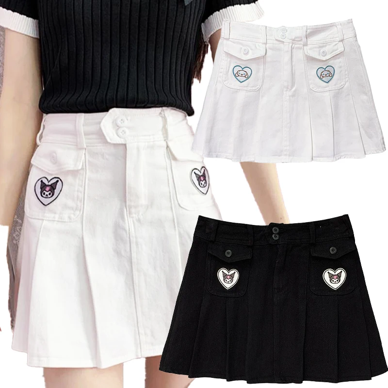 

Kawaii Sanrioed Women Short Skirt Y2K Hello Kitty Kuromi Cinnamoroll Denim A-Line Skirt 2022 New My Melody Skirt Girls Clothes