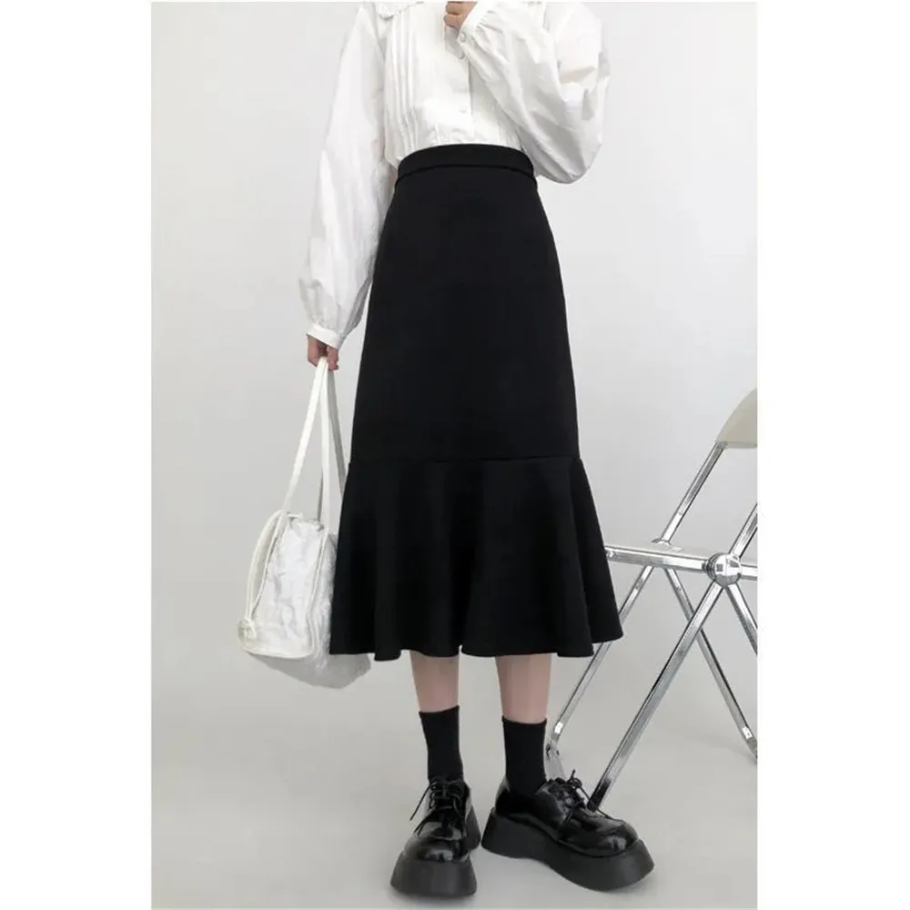 

Черная юбка-годе с оборками, Женская Корейская версия 2022, Женская офисная юбка с высокой талией, модный костюм, юбка-русалка, 3xl