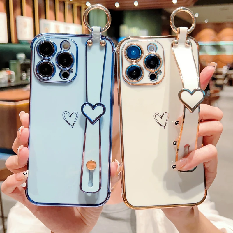 

Wrist Strap Electroplated Love Heart Phone Case For iPhone 14 Pro Max 11 12 13 X XR XS 7 8 Plus SE 2020 Soft Shokcproof Cover