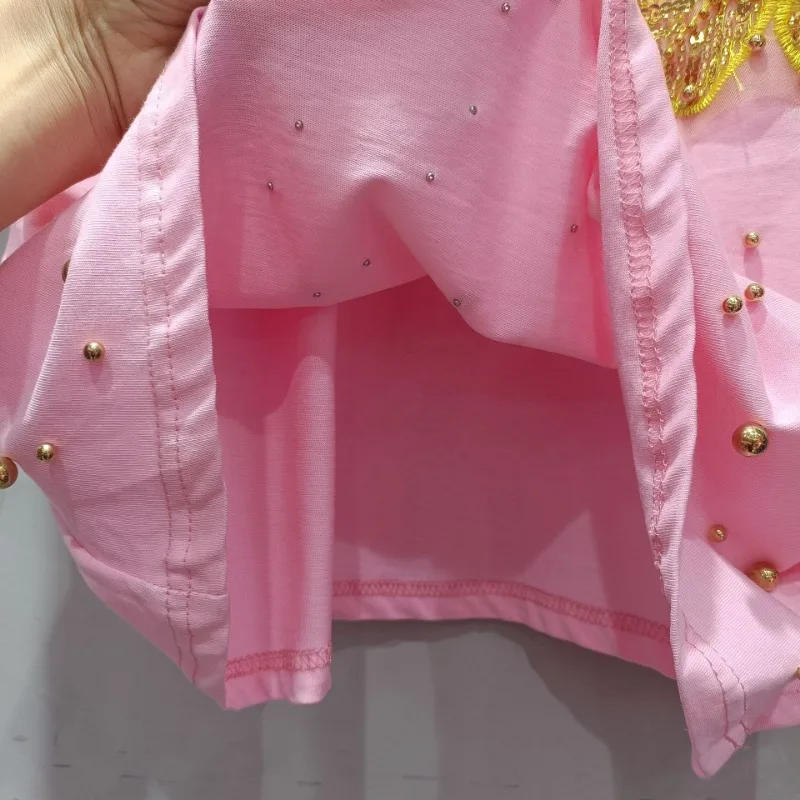 Корейский стиль темперамент универсальная футболка с круглым вырезом и бусинами