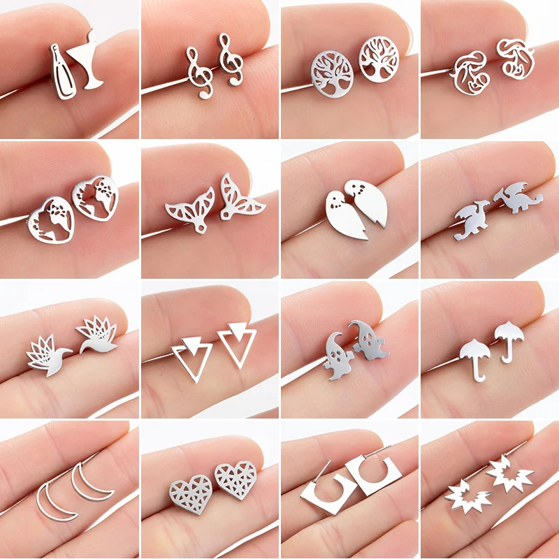 

Multiple Animal Stainless Steel Ear Piercing Stud Earrings for Women Triangle Heart Dinosaur Earings Fashion Jewelry Punk Gifts