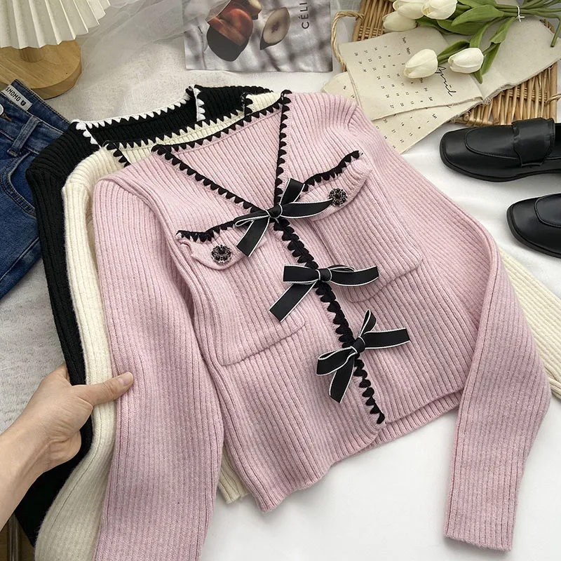 

Knitted Sweater New Autumn Pockets Cardigan Color Blocking Bows Sweaters Female Casual Ladies V-Neck Women Clothes Dropshipping
