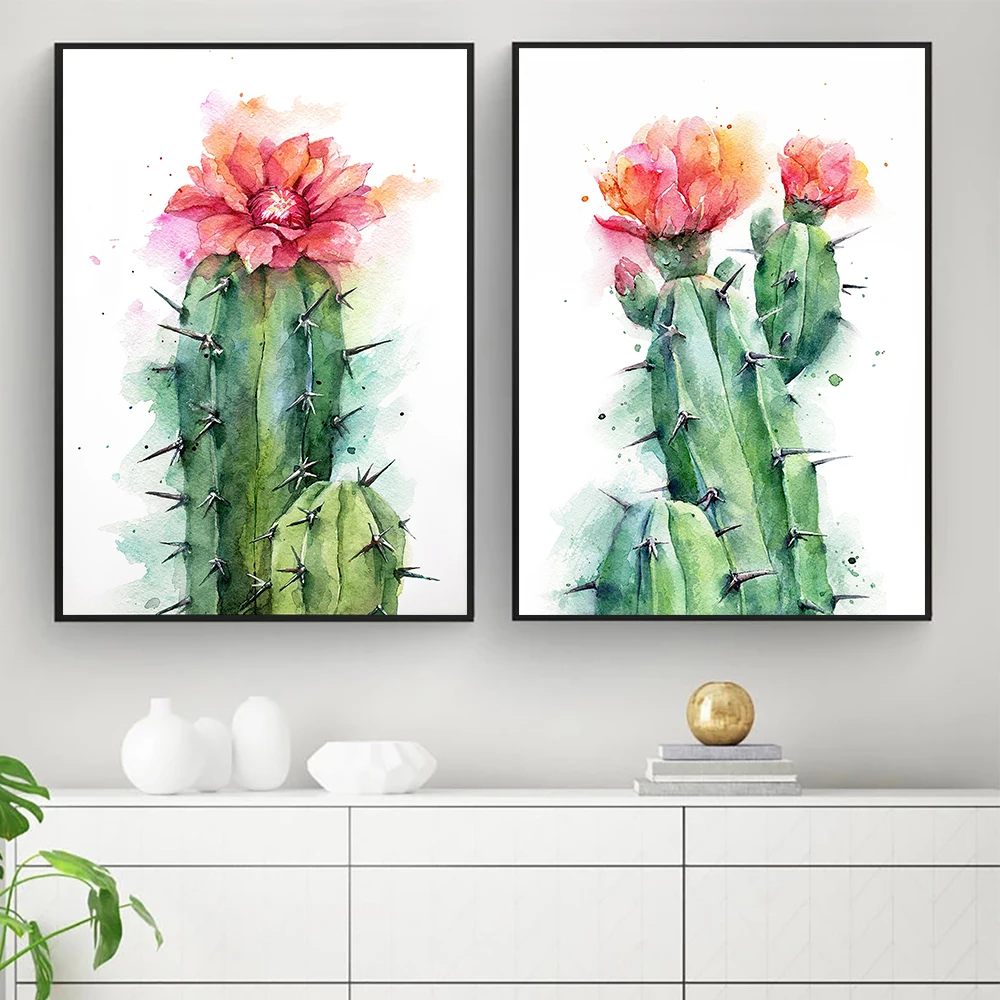 

Watercolor Flower Poster Prints Wall Art Decoration Green Cactus Canvas Painting Nordic Wall Pictures Living Room Home Decor