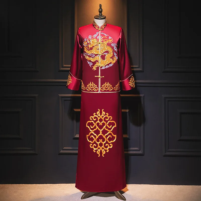 Burgundy Dragon Embroidery Groom Wedding Qipao Tang Suit Hanfu Traditional Chinese Style Clothing