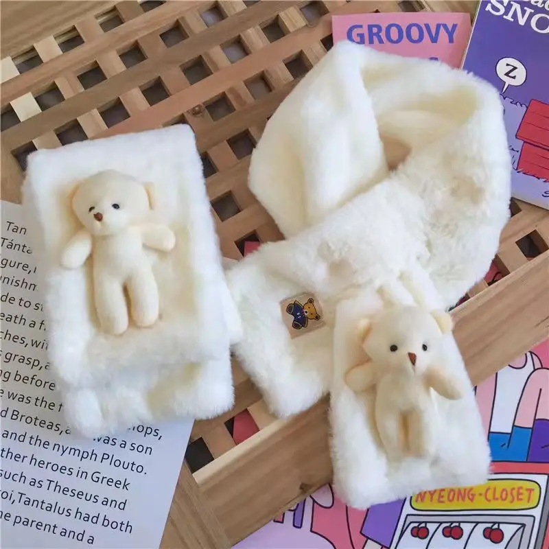 

Корейский Зимний новый милый плюшевый шарф с мультяшным медведем бежевый теплый плотный нагрудник с крестом для девочек