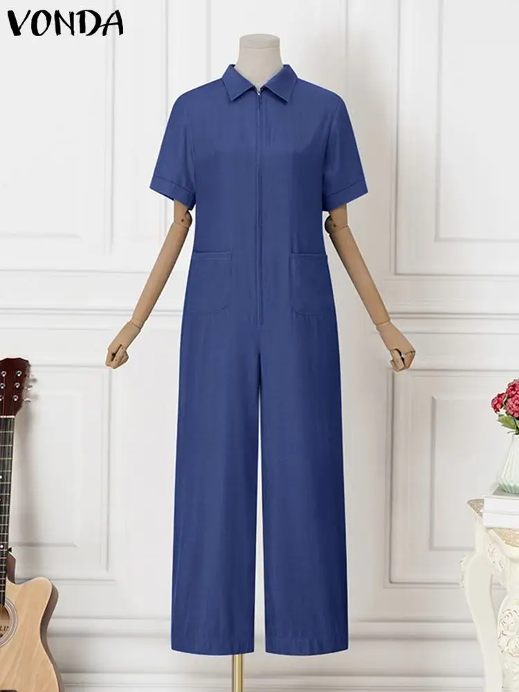 VONDA Causal Jumpsuit Women Summer Party Playsuits 2023 Fashion Pockets Lapel Zipper Short Seeve Loose Rompers High Streetwear