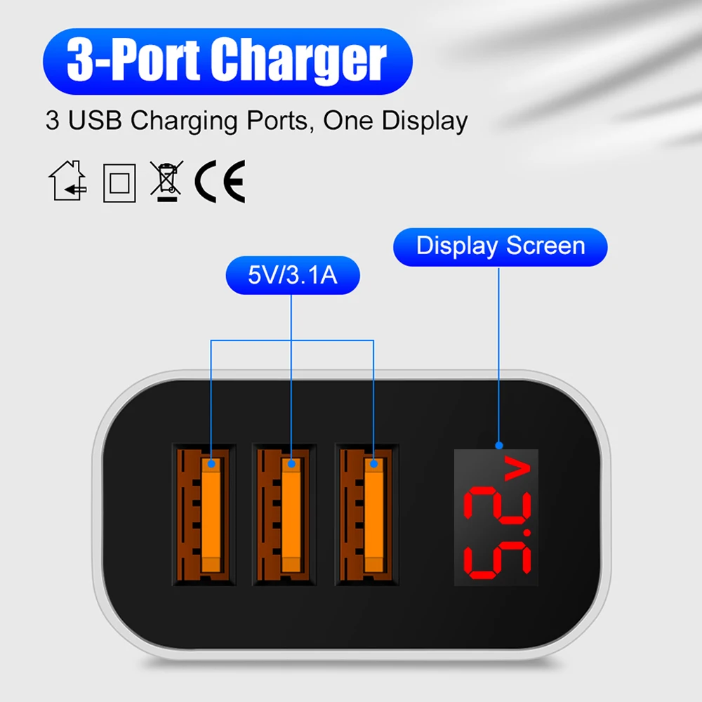 Устройство зарядное сетевое с 3 USB-портами и цифровым дисплеем 0 в А | Мобильные