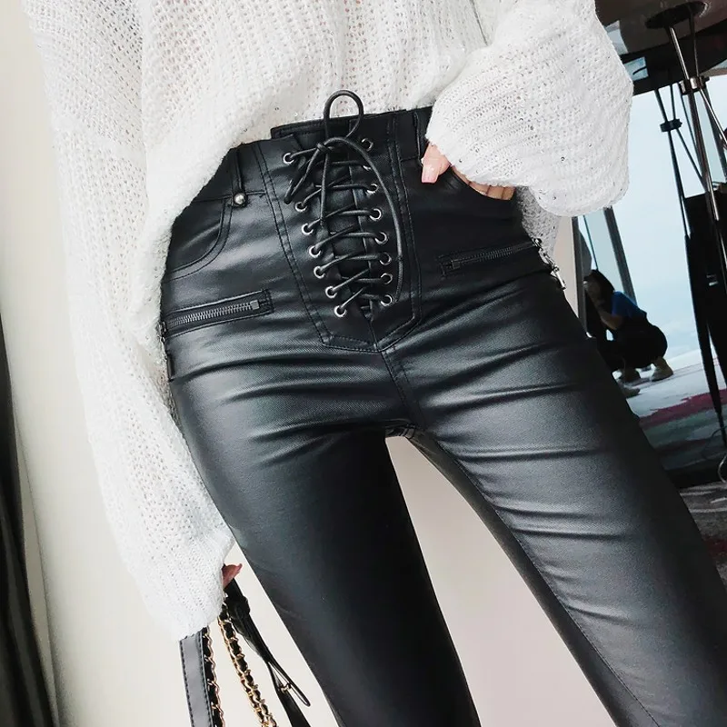 

2019 NEW High Waist Leather Pants Women Ladies Sexy Faux Leather Trousers Woman Pencil Pants Black Pantalon Mujer