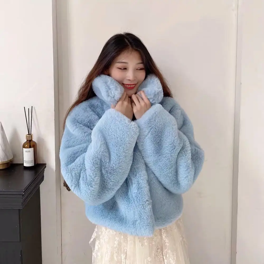baby blue Women Winter casual sweet girl  Lapel  Shaggy Faux Rabbit Fur Jackets Vintage Furry Oversized Coat Short Outerwear fur