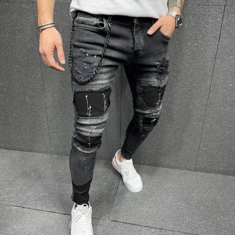 DEEPTOWN Ripped Distressed Jeans Men Hole Washed Denim Pants Skinny Casual Trousers Male Punk Streetwear Korean Fashion Black
