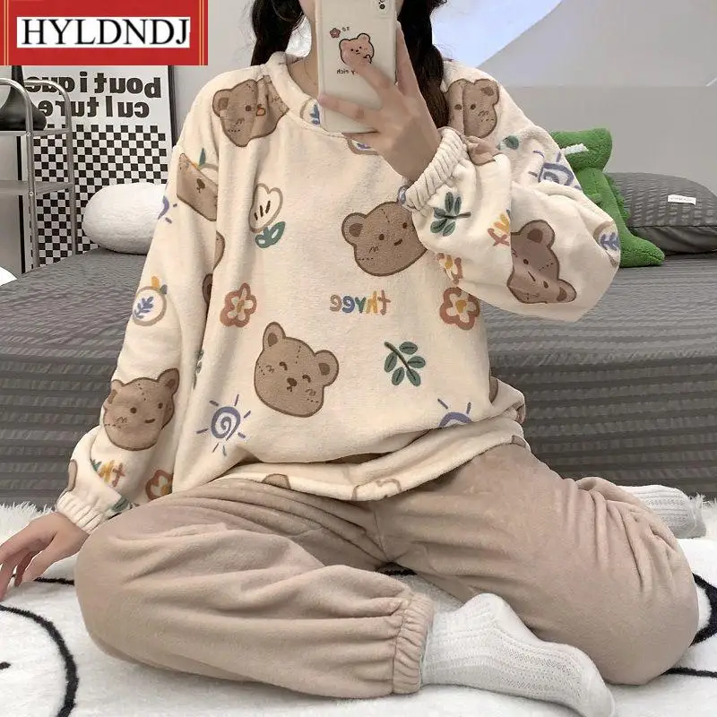 Autumn Winter New Caroset Cute Coral Fleece Pajamas for Womens Plus Velvet Pyjamas Sets Nightgown Sleepwear Homewear