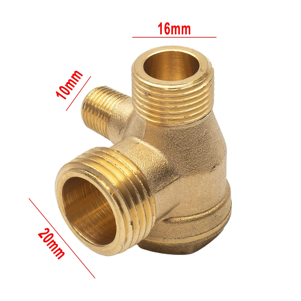 Air Compressor 3-Port Brass Threaded Check Valve Connector Tool 10x16x20 Male Thread Metal Gold |