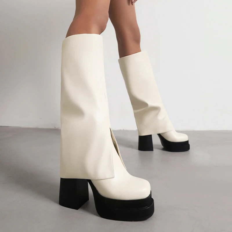 

Square Toe Leather Rider Boots Super High Chunky Heel Knee Booties Slip On Platform Sleeve Trouser Botines Large Size Women Shoe