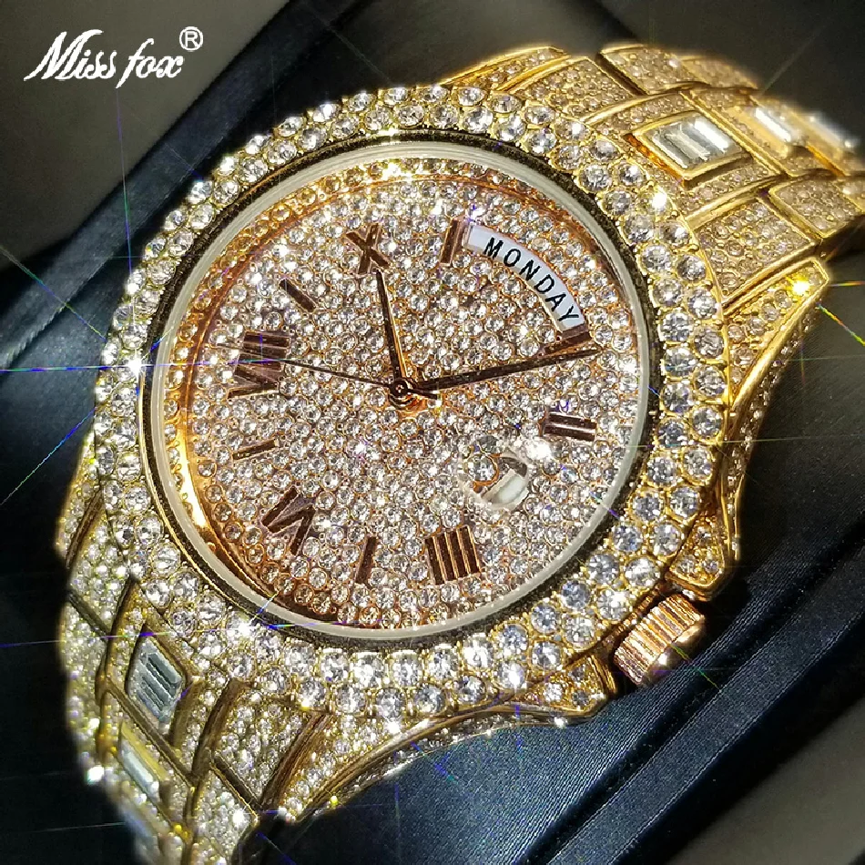

NEW Day Date Men's Watches Top Brand Full Moissanite AAA Quartz Watch For Men Hip Hop Style Iced Out Rose Gold Jewelry 2021