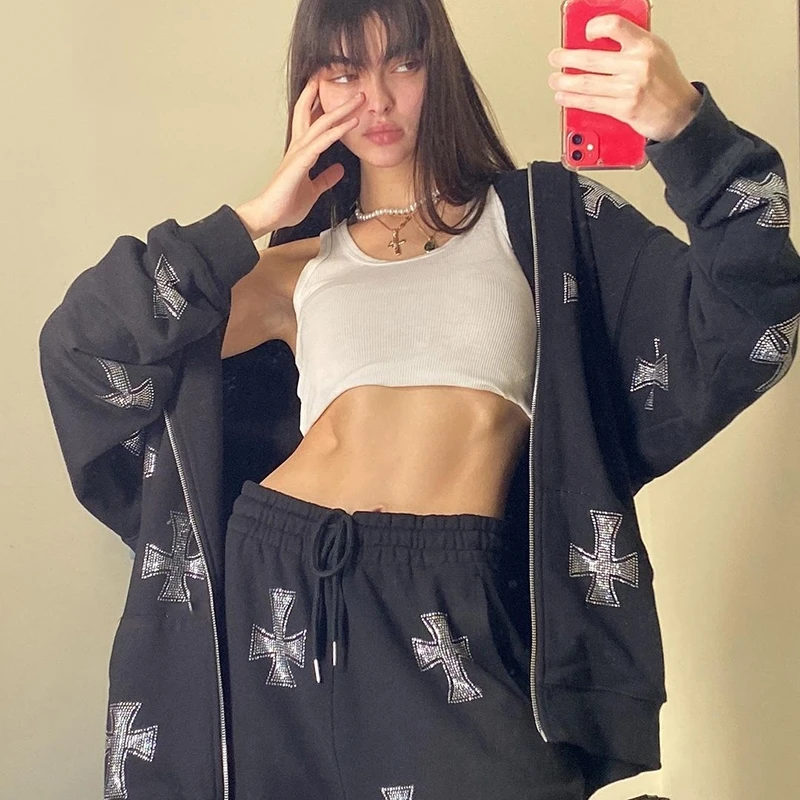 

Женская куртка Стразы в американском стиле ретро, черно-белая толстовка, комплект штанов Y2K