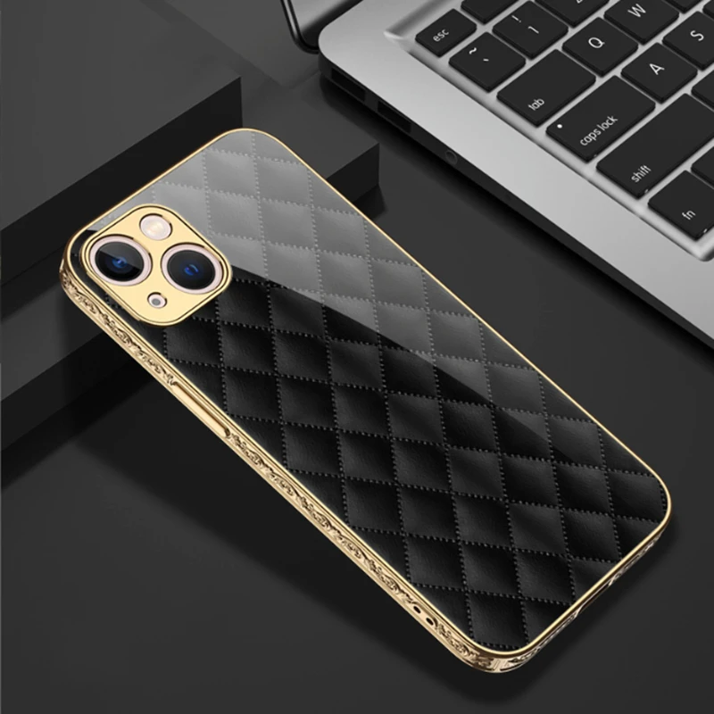 

Luxury Glossy Glass Lattice Weave Plating Phone Case For Iphone 13Pro 13Pro Max 12 ProMax 11 Embossed Marble Tempered Hard Cover