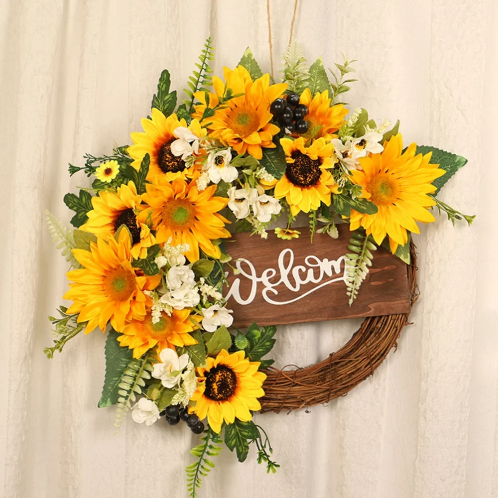 

Artificial Sunflower Wreath For Front Door Spring Decorative Summer Floral Door Wreath Welcome Sign Home Wall Window Decor 40CM