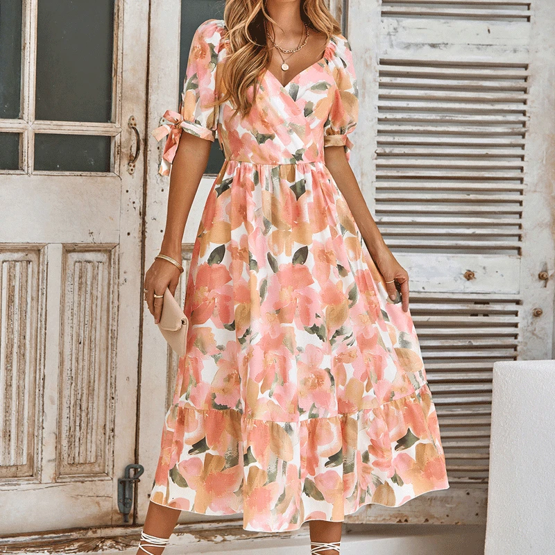 

Summer Europe and America New Casual Flower Printed V-Neck Corset Puff Sleeve Fashion Sweet Loose Women's Clothing Midi Dress