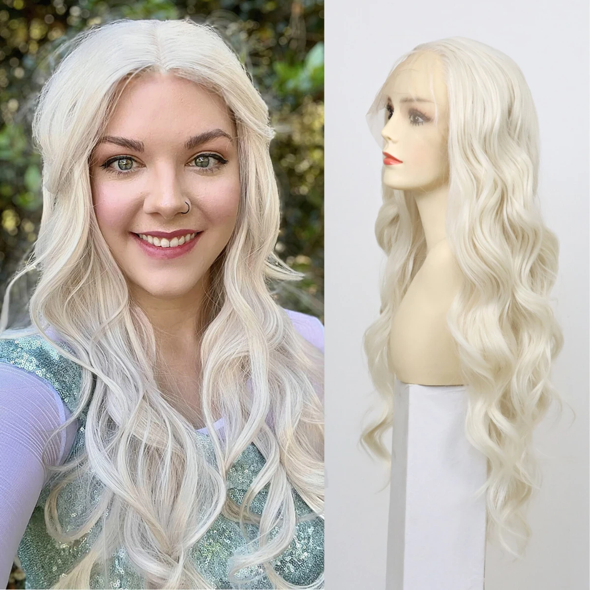 

White Wig Natural Lace Front Wig for Women, Natural Hairline Wig Heat Resistant Fiber Glueless Cosplay Wig