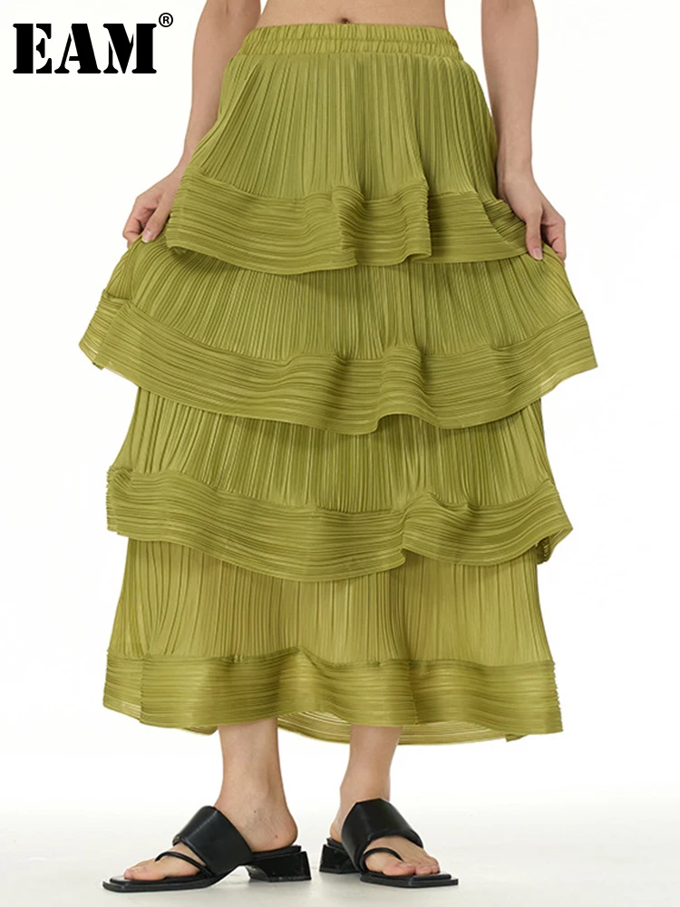 

[EAM] High Elastic Waist Green Loose Fit Ankle-length Pleated Cake Skirt Women Fashion Tide New Spring Autumn 2023 1DH3299