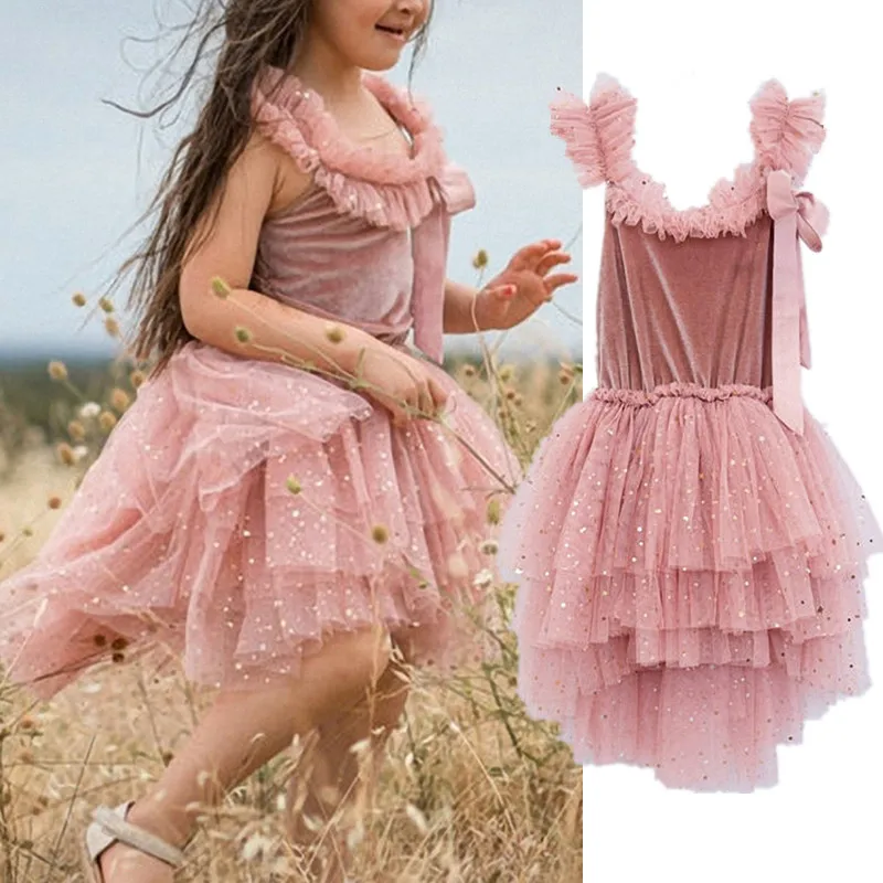 Kids Princess Party Dresses for Girls Puffy Tulle Kids Birthday Wedding Prom Gala Gown Sequin Children Ceremonial Formal Dress