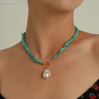 malachite alloy pearl turquoises women necklace new retro fashion green color stone pendant necklace accessories wholesale