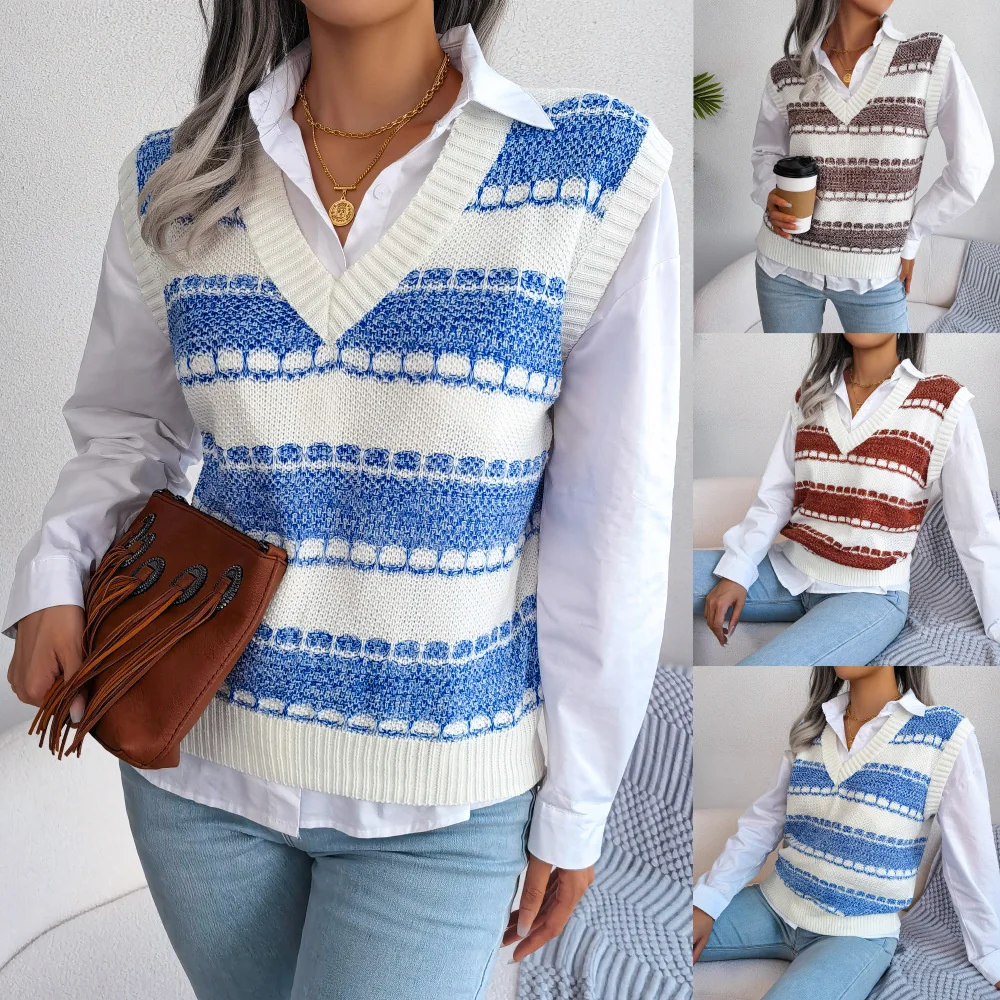 

2022 autumn and winter fashion V-neck color stripe knitted vest sweater vest women's wear