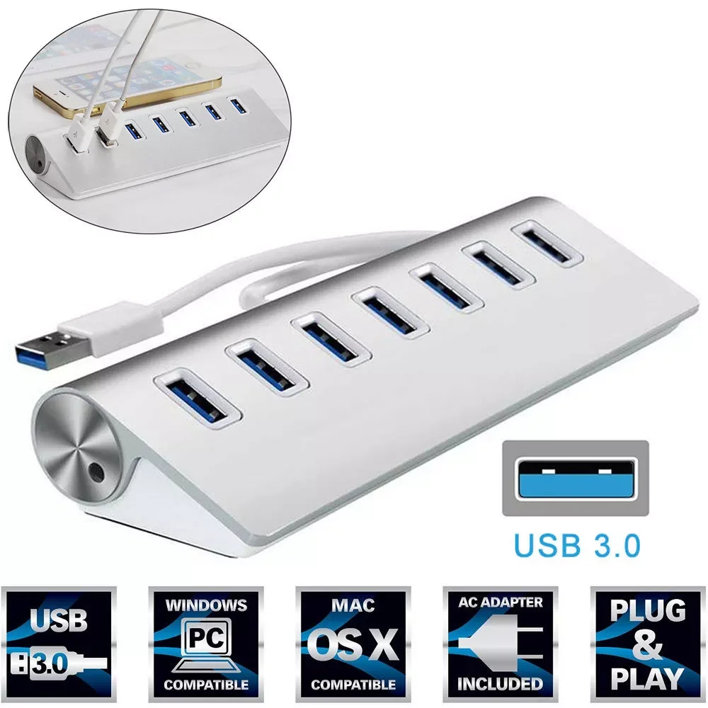 

7 Port Aluminum USB 3.0 HUB 5Gbps High Speed Power Adapter For PC Laptop Mac NEW