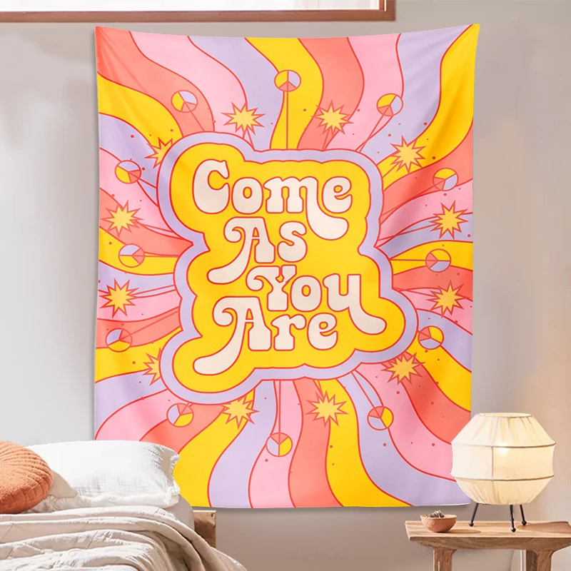 

Retro 70s Quote Tapestry Come As You Are Inspirational Quote Psychedelic Vintage Sun rainbow 60s Home Decor Wall Art Home Decor